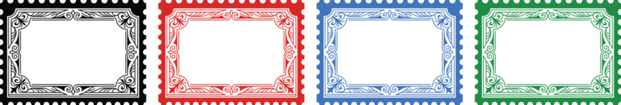 Set of blank postage stamp frames with decorative borders in various colors, vintage design.