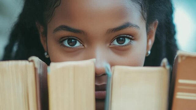 A young girl's face in focus with her eyes looking down at books, suggesting a love for reading or studying.