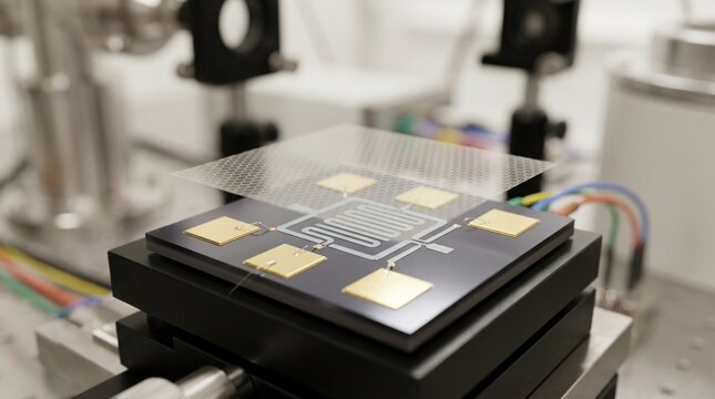 Atomically thin quantum crystal sheet above silicon wafer with hexagonal lattice, superconducting resonator, and gold contact pads in a lab setup.