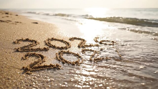 Handwritten 2026 to 2027 in wet beach sand. Future timeline or countdown drawn on shoreline with ocean waves.