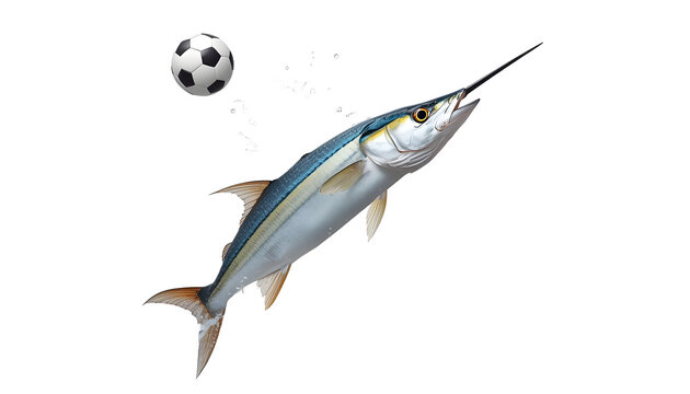 Sleek blue marlin fish leaps dynamically into the air to strike a classic black and white soccer ball during a fun creative sporting match isolated against a plain white background