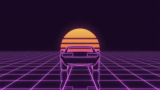 2D flat vector loop animation depicting a nostalgic retro futuristic sports car driving into a vibrant glowing synthwave sunset, featuring neon purple wireframe grid perspective floor, minimalist outl