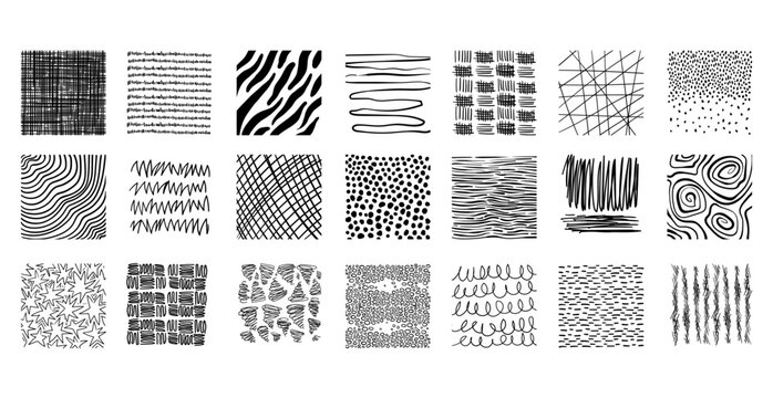 Square samples of hand drawn crosshatch patterns. Vector realistic illustration of abstract thin pencil doodles on white background, seamless geometric texture with spiral, wood lines, hearts, dots