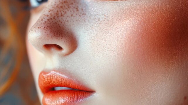 Soft-focus close-up of a woman's lower face. Smooth skin, freckles, and glossy lips dominate the frame. Warm, coral-toned makeup enhances her natural features. Subtle bokeh blurs the background