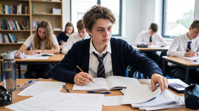 Male student studying with papers on messy desk in classroom concept of back to school  