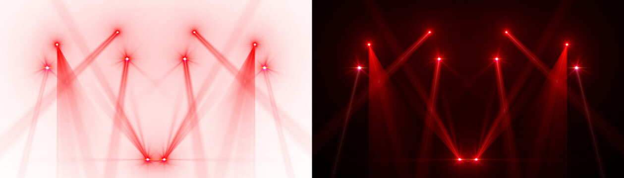 Spotlight beams red lighting shining on concert stage on transparent background. VFX design, theatre stage poster, party, music event.