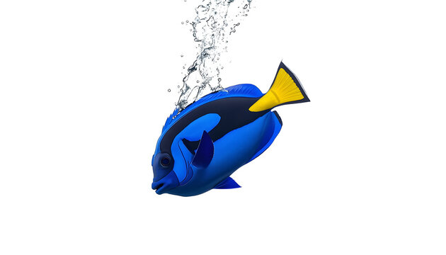 Blue tang fish swimming gracefully through clear water bubbles with vibrant yellow tail fin isolated on plain white background showing sharp details of marine life movement in high resolution capture.