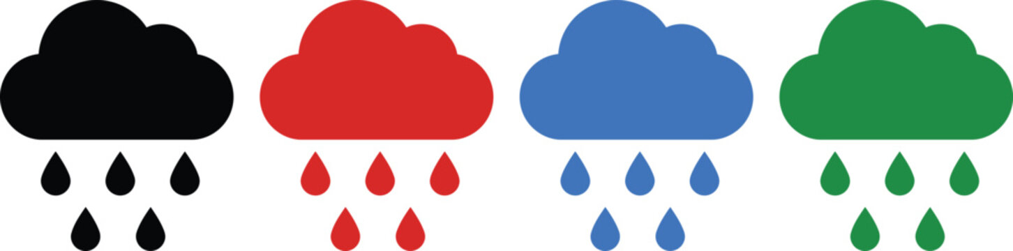 Set of four rain cloud icons in black, red, blue, and green with water droplets falling.