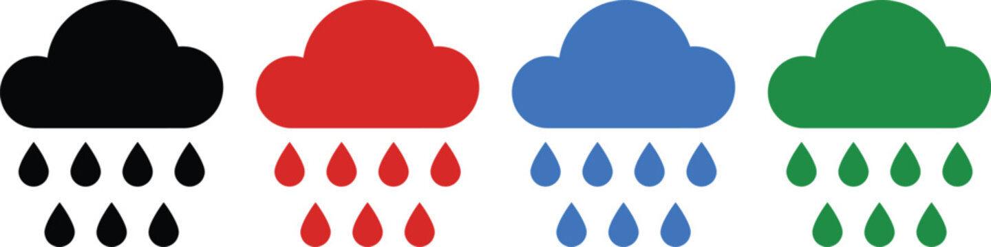 Set of four rain cloud icons in black, red, blue, and green on transparent background.