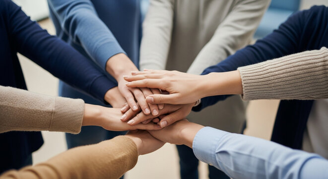 Teamwork hands clasped together circle showing unity and support