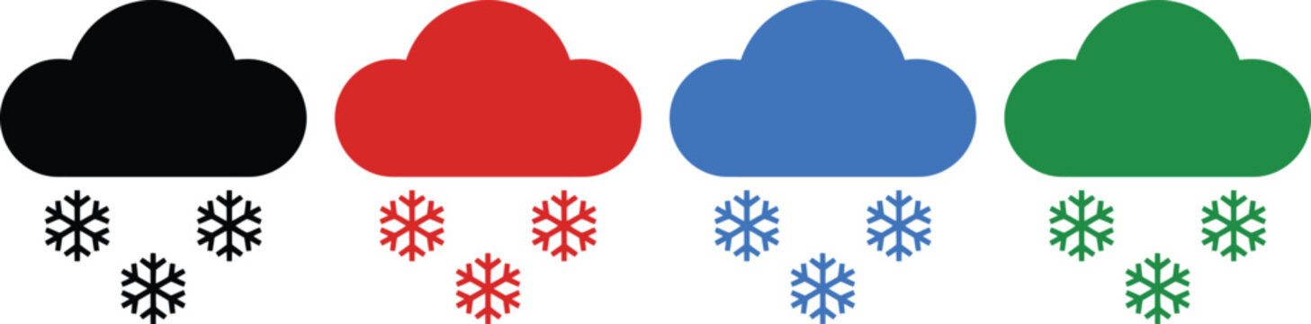 Set of four cloud weather icons with snowflakes falling isolated on transparent background.
