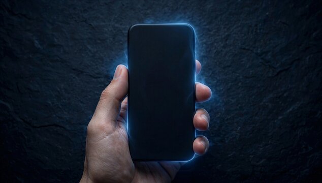 Hand holding glowing smartphone in dark, symbolizing social media management, mobile engagement, content control, and digital communication.