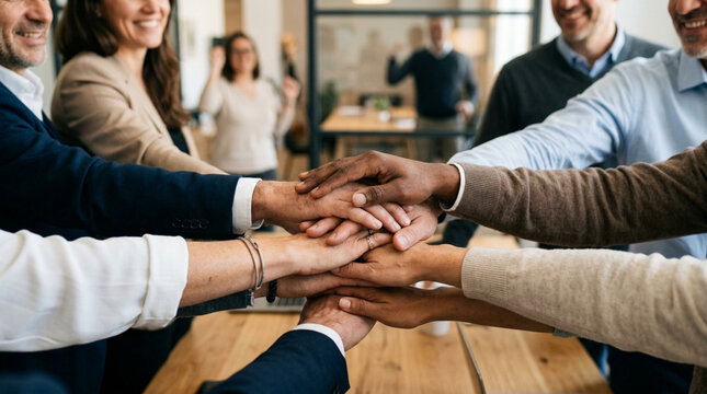 Diverse team hands stacked together in unity and success.