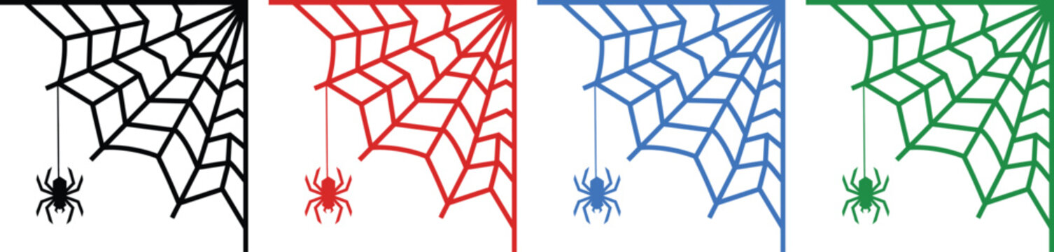 Set of four corner web designs with spider hanging isolated on transparent background vectors.