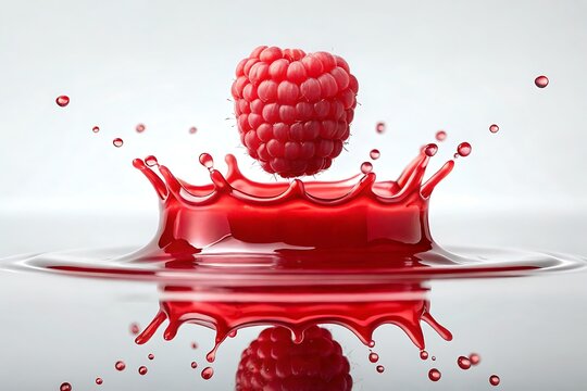 Fresh raspberry falling into red fruit juice splash with raspberry beverage movement refreshing photography