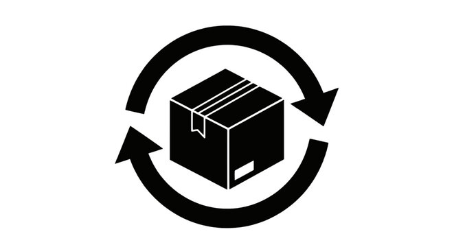 Vector illustration of cardboard box with circular arrows icon on a transparent background