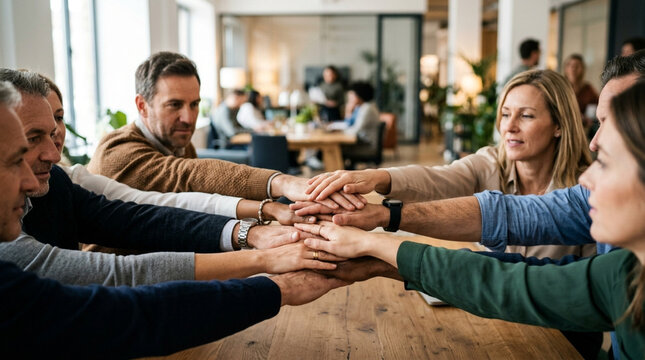 Diverse team stacking hands together, unity and collaboration in modern office, success concept