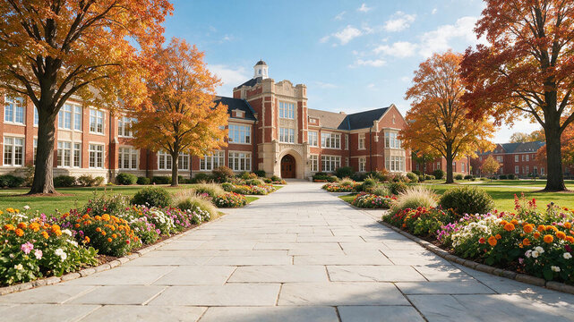 Historic University Campus Building with Stone Walkway in Autumn