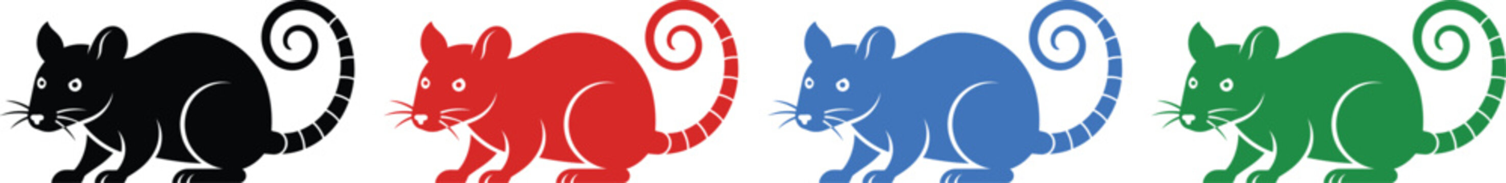 Rat animal silhouette icon set in black red blue and green isolated on transparent background.