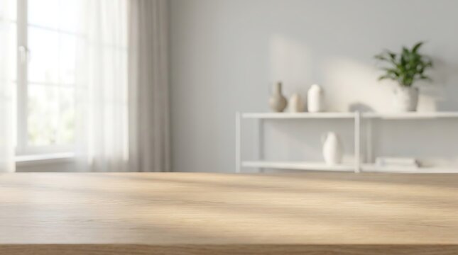 Empty wooden table top with blurred bright living room interior background for product display