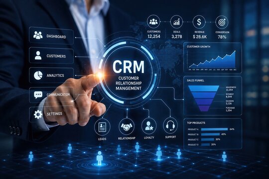 Business professional using CRM software on digital interface. Expert analyzing customer relationship management data with futuristic dashboard.