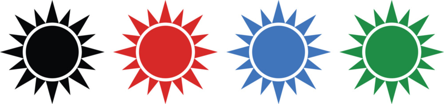 Sun symbol flat icon set in black red blue and green colors isolated on transparent background.