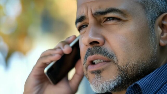 Man speaks on phone, focused expression. Outdoor setting, blurred background. Close-up, side profile, serious tone. Natural daylight, subtle shadows. Casual attire, no visible logos