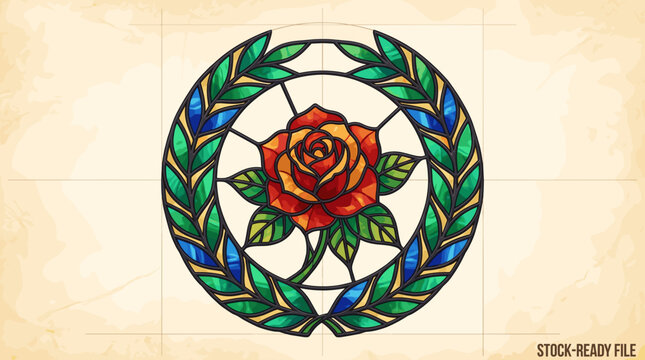 Stained glass rose with laurel wreath design on textured background