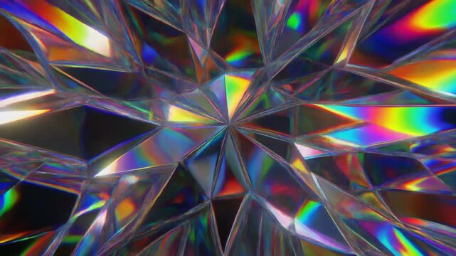 Abstract diamond facets refracting vibrant rainbow light during a slow zoom out with glittering sparkles