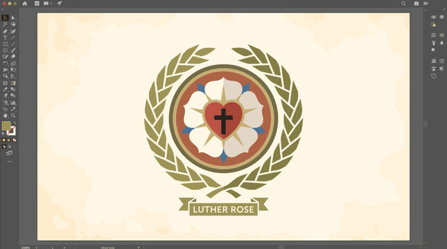 Luther Rose symbol with cross and laurel wreath on parchment background