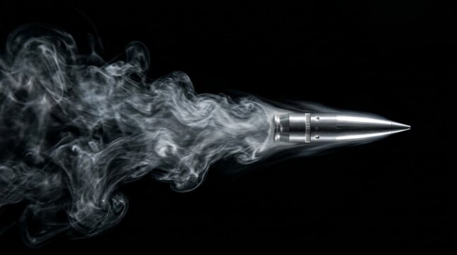 High Velocity Bullet in Smoky Flight Against Dark Background.