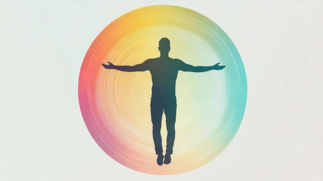 Silhouette stands with arms spread wide. Colorful swirls radiate around the figure. Vibrant hues blend in circular motion. Soft background enhances tranquil vibe. Ideal for wellness, meditation