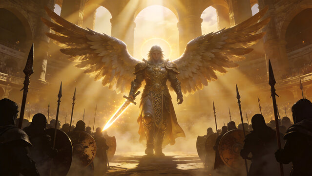 winged warrior with sword in ancient hall
