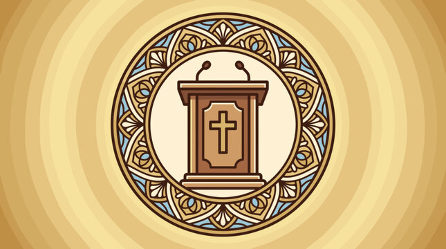 Christian pulpit with cross and microphones inside decorative circle