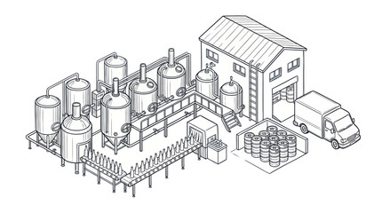 Obraz premium Industrial Brewery Production Facility with Tanks and Trucks.