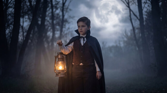 Young boy in dark cape holding glowing lantern beneath full moon in misty forest, showing Halloween adventure, fantasy storytelling, mystery, courage, imaginative childhood scene, Commercial