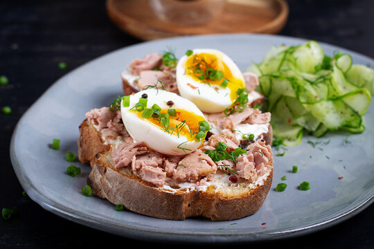Fresh Homemade Tuna Toasts Served with Cucumber Salad
