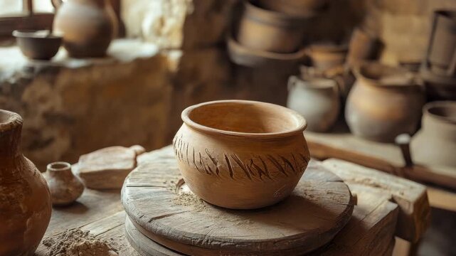 Earthen pots sit on a rustic wooden turntable. Handcrafted pottery rests in a sunlit workshop. Clay vessels surround a central pot with carved patterns. Stone walls and wooden tools frame the scene