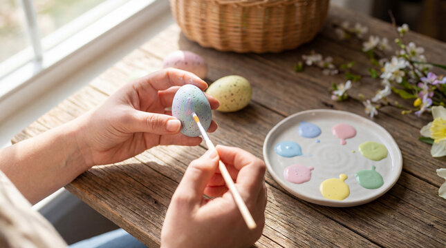 Hands painting pastel Easter egg beside spring flowers, showing holiday craft, creative tradition, family activity, seasonal decoration, handmade design, calm home workshop, Commercial