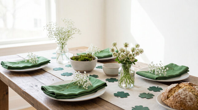 Rustic dining table set with green napkins, white flowers, shamrock decorations, showing festive hospitality, seasonal gathering, spring celebration, elegant home entertaining, Commercial