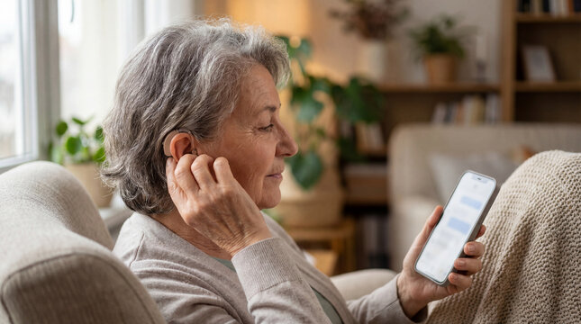 Senior woman adjusting hearing aid while using smartphone at home creating accessible technology concept for healthy aging communication independence digital inclusion personal care