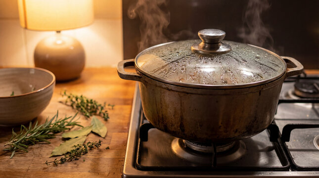 Covered cooking pot steaming on gas stove beside fresh herbs in warm home kitchen showing homemade meal preparation comfort food suited for campaigns about lifestyle wellness community