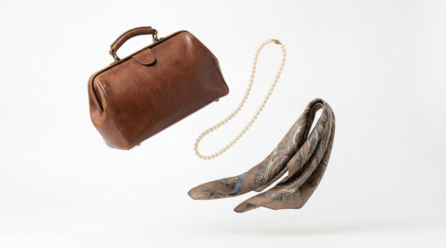 Vintage leather handbag, pearl necklace, patterned scarf arranged on white background, showing classic fashion accessories, timeless style, elegant wardrobe, curated retail display