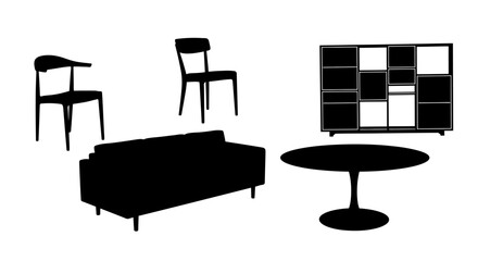 Fototapeta premium Silhouettes of modern furniture on white background with round table against plain white backdrop black silhouettes sofa chairs shelving unit