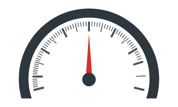 Minimalist tachometer icon with a semicircular gauge dial and red needle isolated on a white background, speed and performance measurement concept