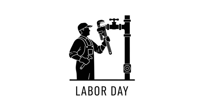 Labor day graphic with worker with black white graphic depicting worker overalls holding pipe wrench next pipe construction illustration celebration