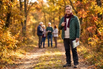 Fototapeta premium Senior man pointing direction while holding a map on an autumn nature trail with friends