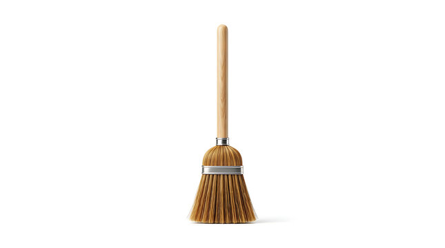 Simple wooden broom with natural bristles on a clean white background