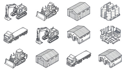 Isometric Construction and Industrial Equipment Icons Set. © Tomo