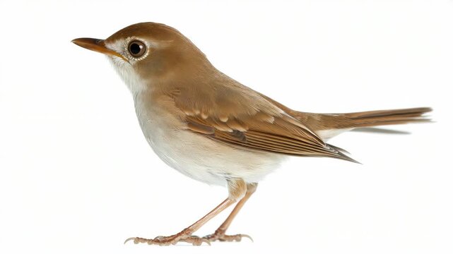 Brown bird stands on white surface. Feathers show soft brown and white tones. Tiny eyes gaze forward, alert and curious. Legs steady, claws gripping ground lightly. Tail feathers extend slightly